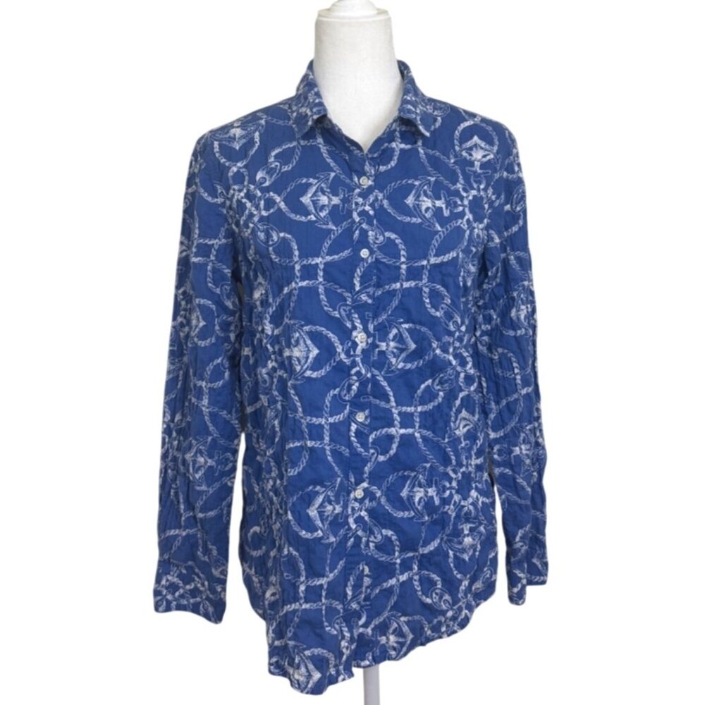 J. McLaughlin Womens Size S Button-Up Top Cotton Blue White Nautical Print Shirt